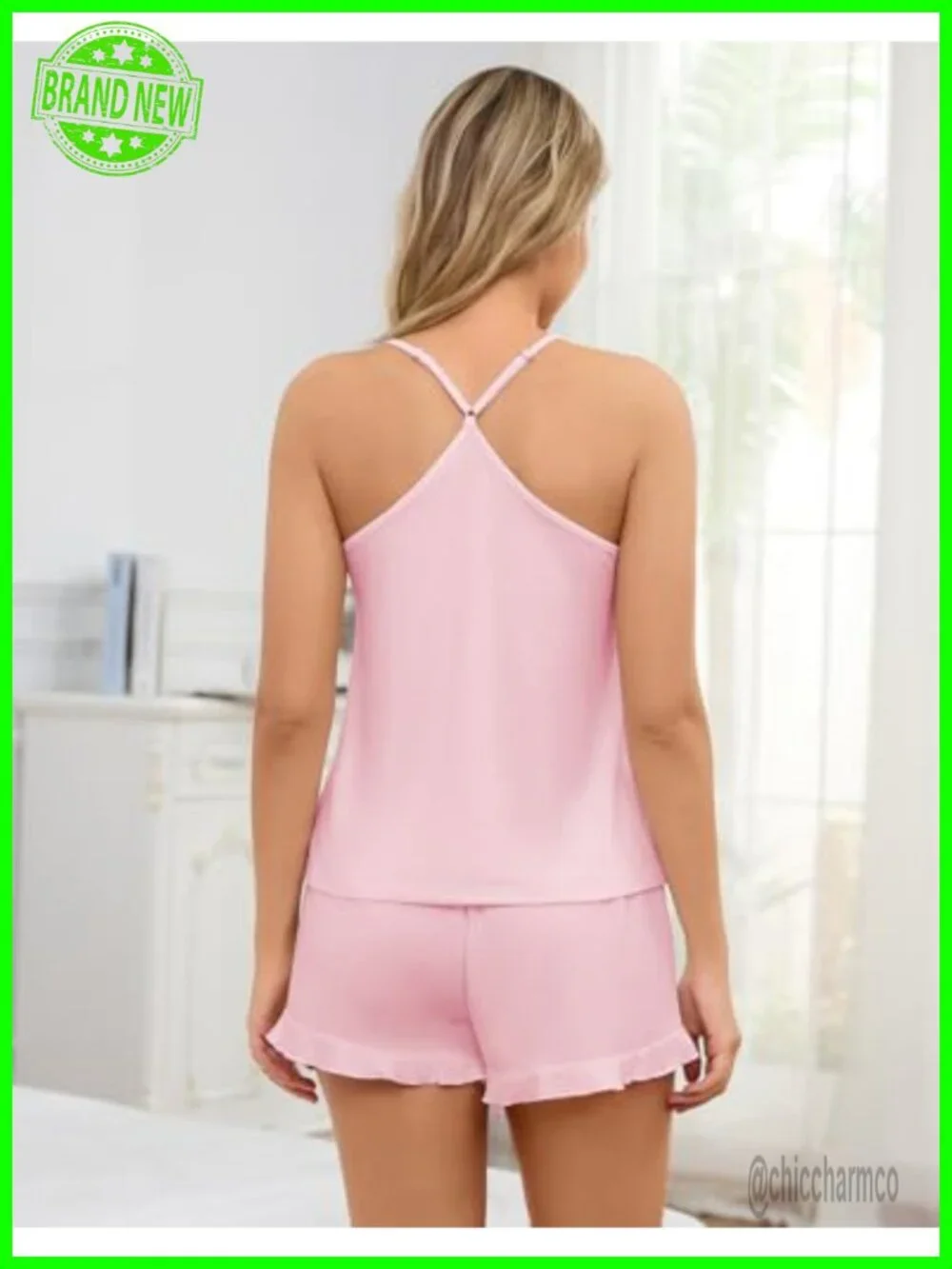 Soft Pajama Sets 4 Pcs Button Down Top and Pants Cami Ruffle Shorts Lounge Sets